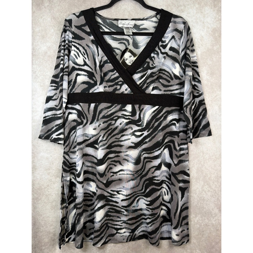 NWT VTG Y2K Carolyn Strauss Black Gray Zebra Print‎ V Neck Tunic Dress Size Med